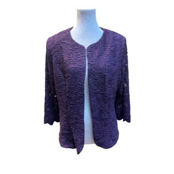 Alex Evenings Embroidered Lace Mock Jacket in Eggplant Color Size 14 - Picture 3 of 4